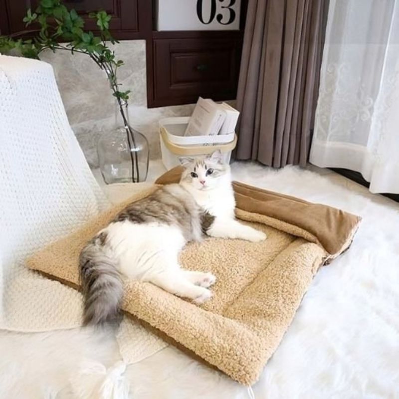 Cocon pour chat ouvert Ă plat, doublure beige visible, avec un chat gris et blanc.