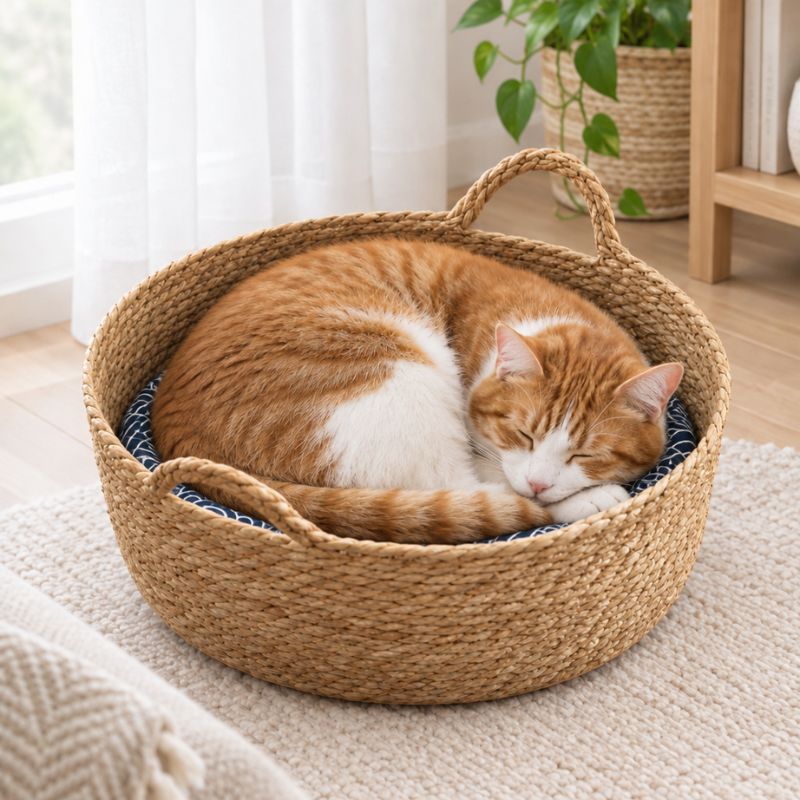 Chat roux et blanc endormi dans un panier chat rotin près d’une fenêtre