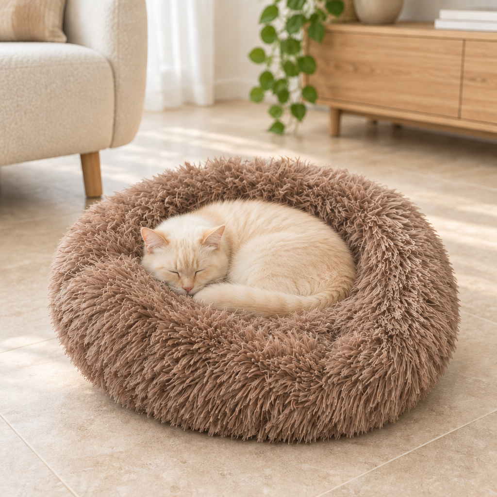 Panier pour chat moelleux marron avec un chat crĂšme endormi.