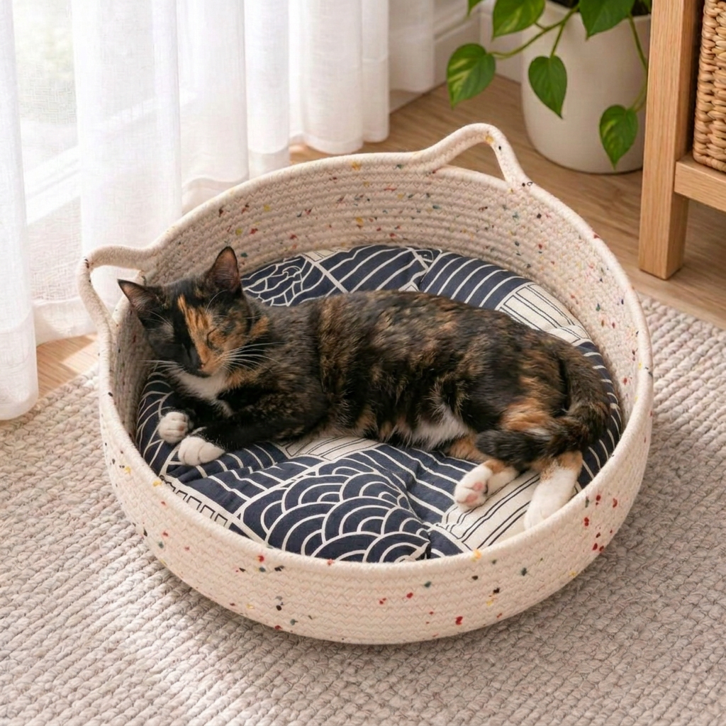 Chat écaille de tortue endormi dans un panier chat rotin avec coussin gris à motifs blancs près d’une fenêtre