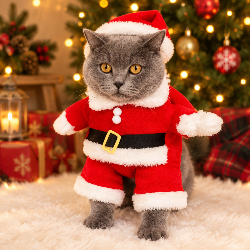 Chat gris portant un déguisement de Père Noël rouge et blanc, avec bonnet et ceinture noire, devant un sapin illuminé.