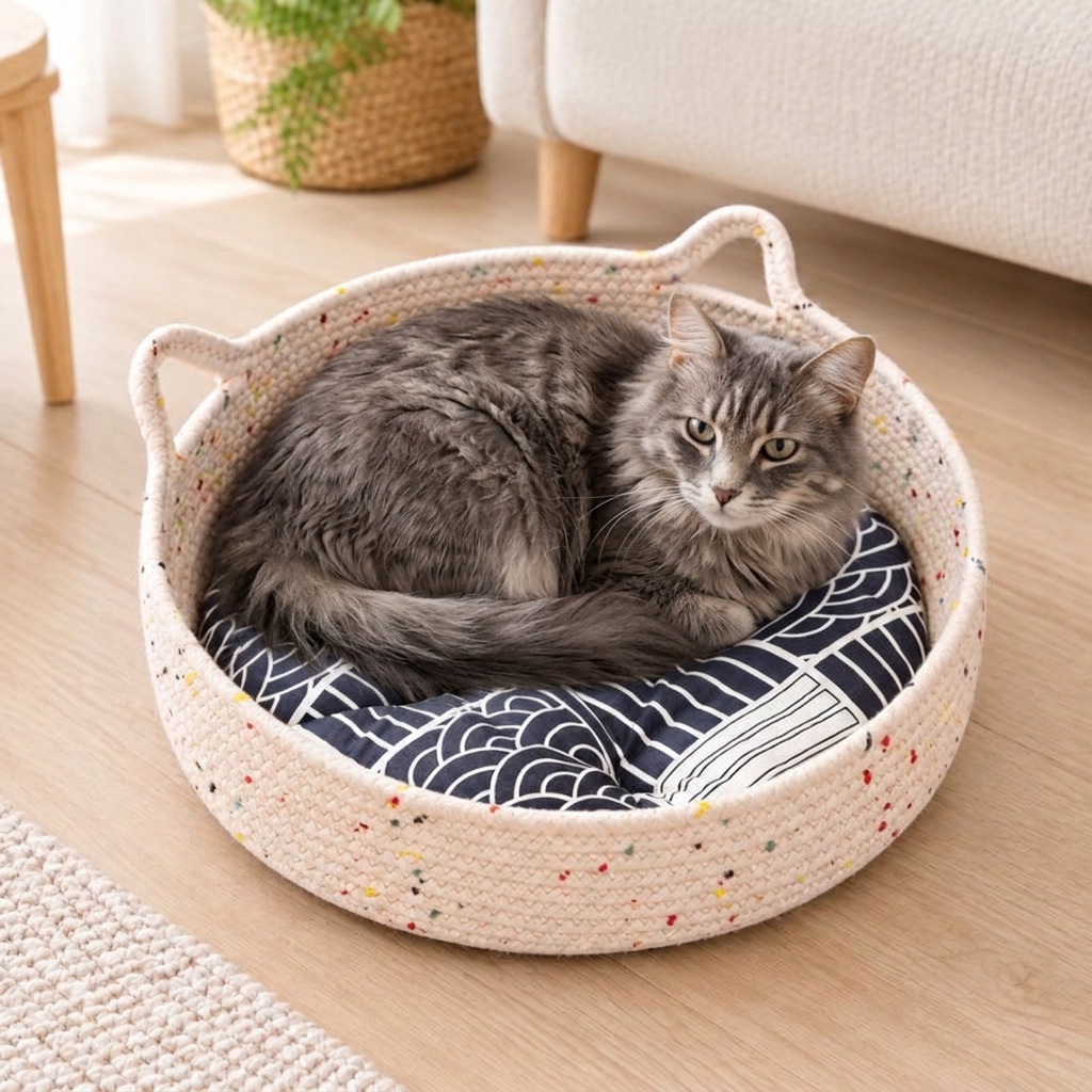 Chat gris à poil long au repos dans un panier chat rotin avec coussin gris à motifs blancs, près d’un canapé