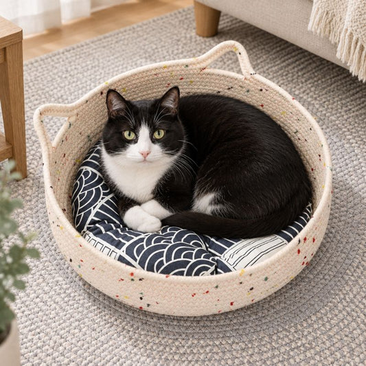  Chat noir et blanc installé dans un panier chat rotin avec coussin gris à motifs blancs 