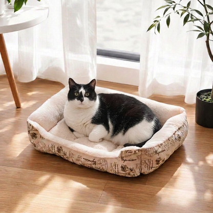 Chat panier blanc à rebords rembourrés avec un chat noir et blanc installé près d’une fenêtre 