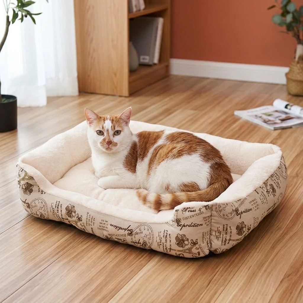 Chat panier blanc avec un chat roux et blanc allongé dans un salon 