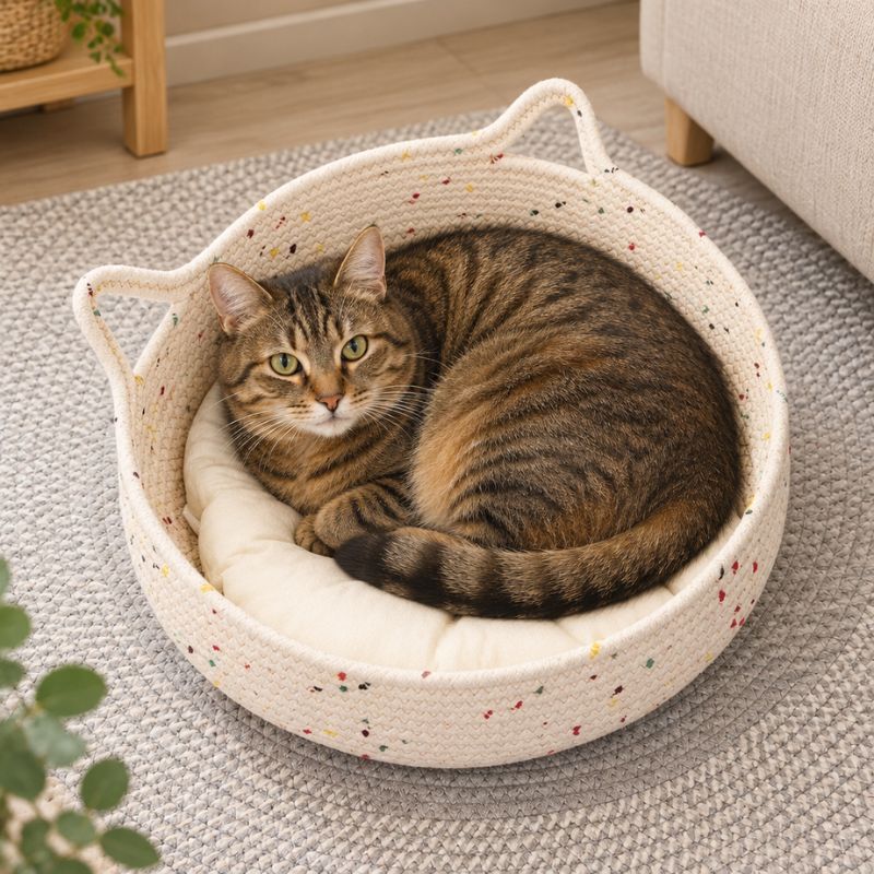 Chat tigré installé dans un panier pour chat en rotin avec coussin blanc sur un tapis gris