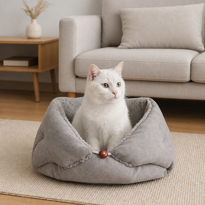 Cocon pour chat gris avec un chat blanc assis à l’intérieur.