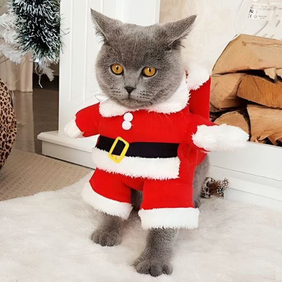 Déguisement de Noël pour chat rouge et blanc porté par un chat gris devant une cheminée