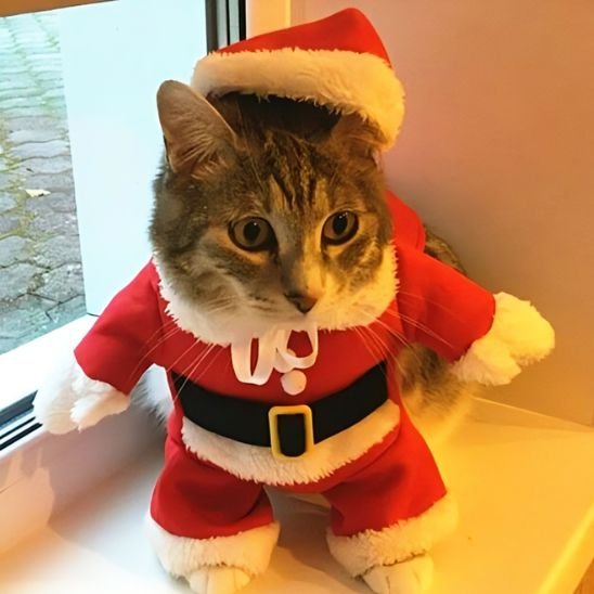 Déguisement de Noël pour chat : chat tigré avec bonnet rouge près d’une fenêtre