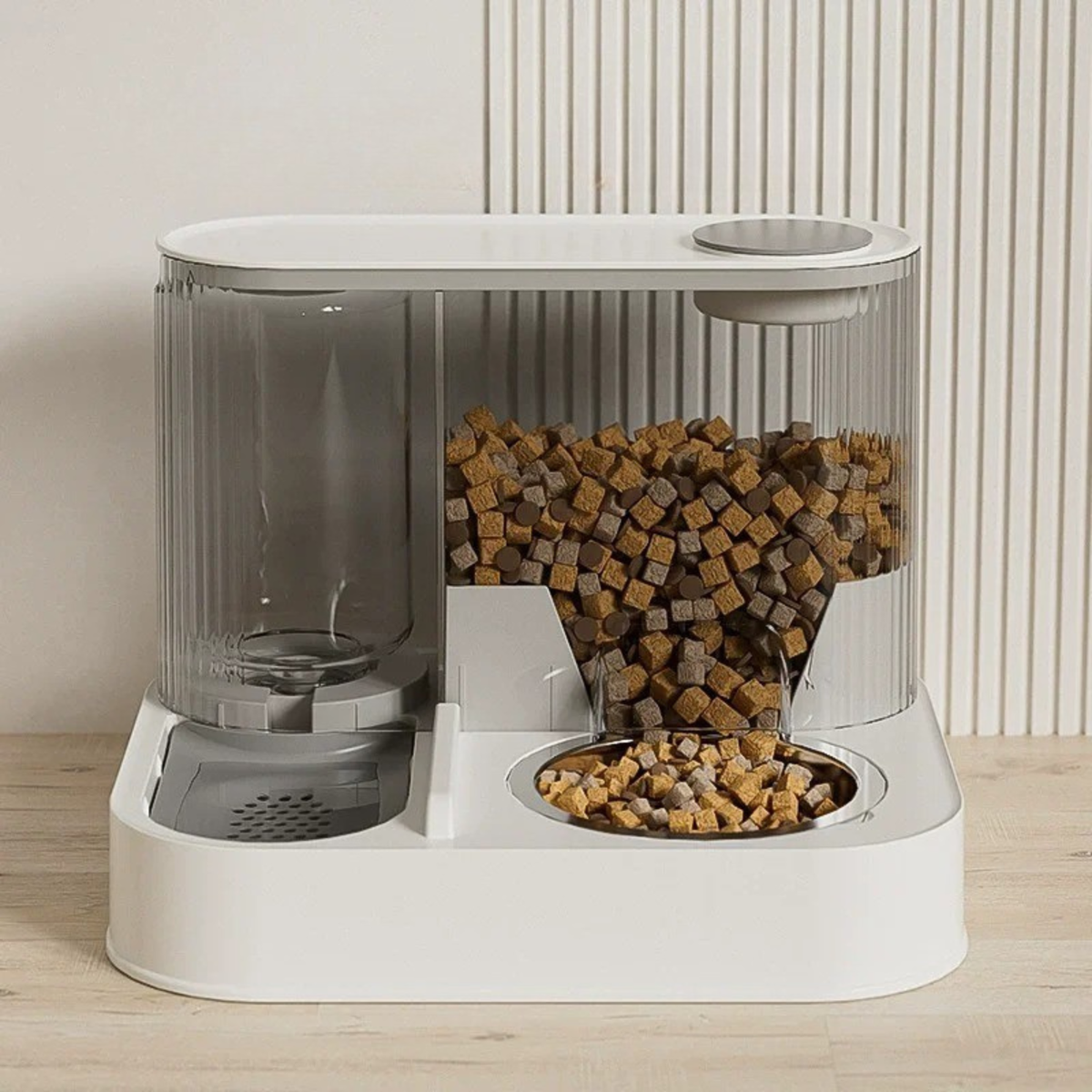 Distributeur croquette eau chat anti-fuite gris et blanc