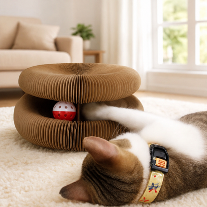 Chat couché jouant avec une balle rouge et blanche dans un griffoir rond en carton
