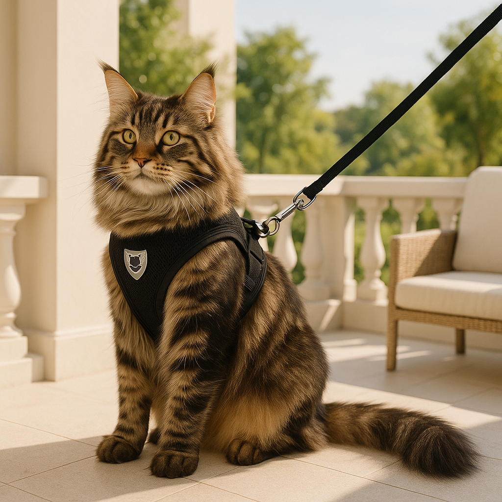 Harnais maine coon réfléchissant noir chat assis