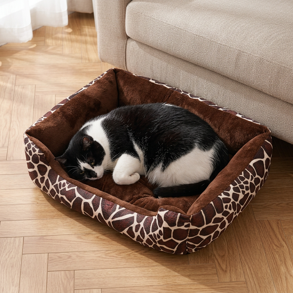 Panier grand chat à motif girafe marron de 58 × 42 cm avec un chat noir et blanc couché en boule