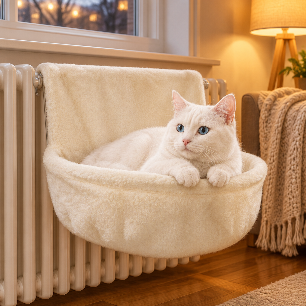 Chat blanc allongé dans un hamac radiateur beige accroché sous une fenêtre