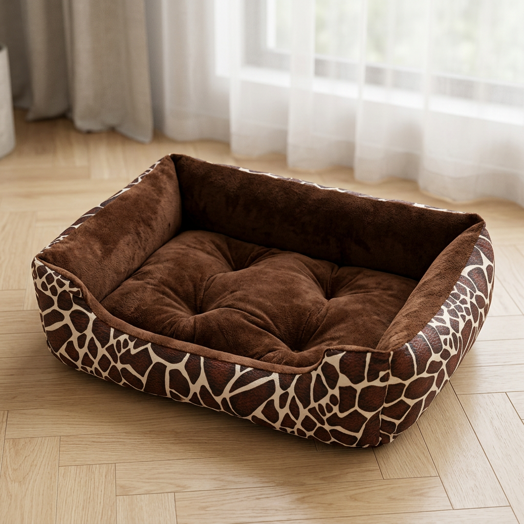 Panier grand chat à motif girafe marron et écru avec intérieur capitonné, vu de trois quarts sur un parquet clair