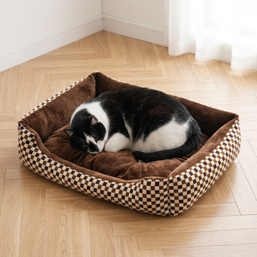 Grand panier chat à damier marron et écru de 58 × 42 cm avec un chat noir et blanc couché en boule