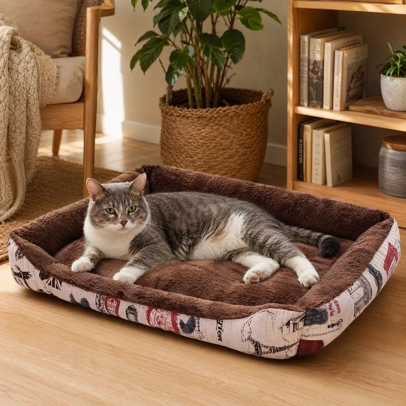 Panier a chat marron avec un chat gris et blanc allongé près d’une bibliothèque