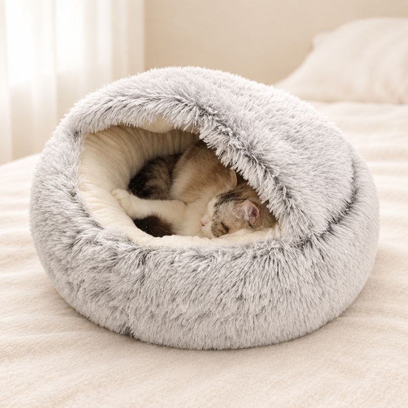 Panier chat cocon gris clair avec un chat endormi à l’intérieur.