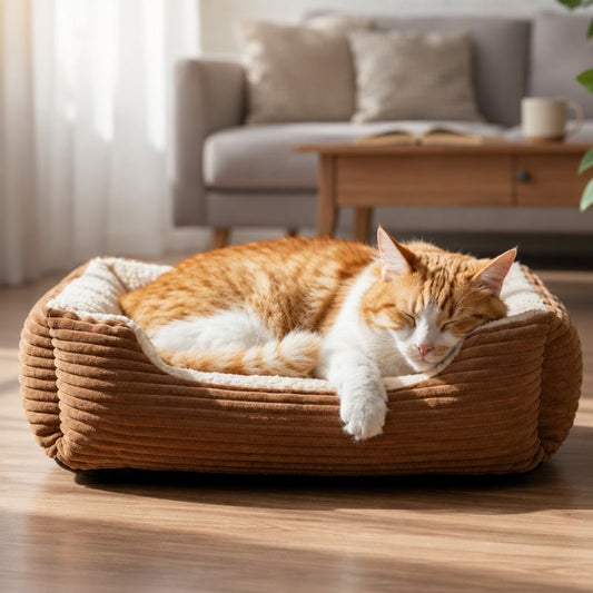 Panier chat marron avec un chat roux et blanc endormi.