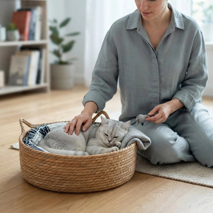 Chat gris caressé dans un panier osier pour chat avec coussin