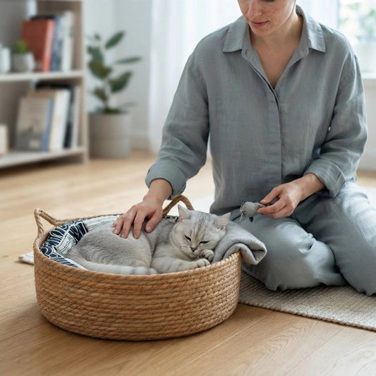 Chat gris caressé dans un panier osier pour chat avec coussin