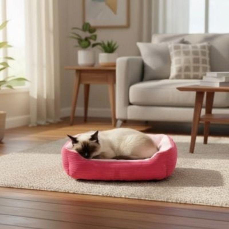 Panier chat rose avec un chat crème au visage foncé allongé.