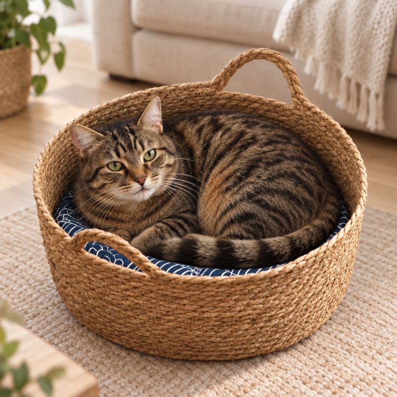 Chat tigré installé dans un panier chat rotin posé sur un tapis beige 