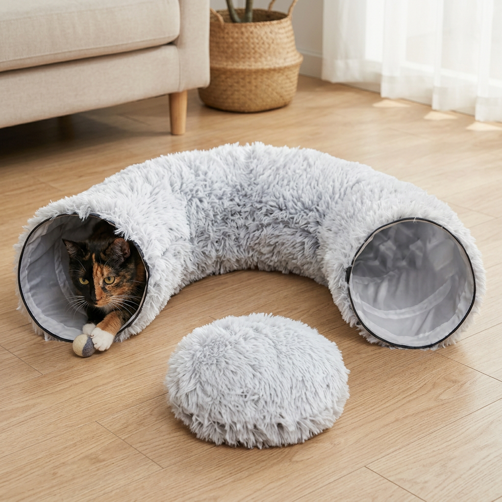 Panier chat tunnel gris ouvert en U, avec son coussin séparé et une chatte jouant avec une balle à l’entrée.