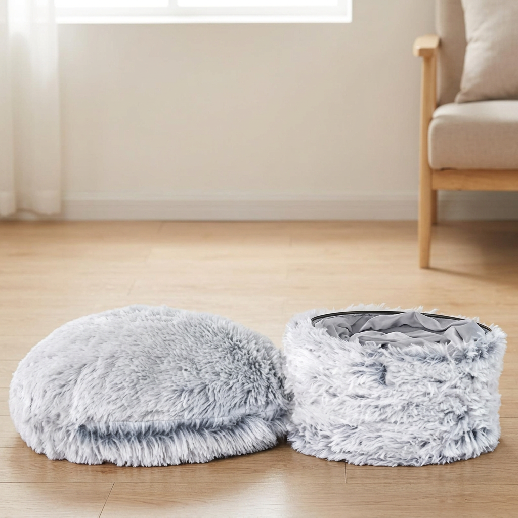 Panier chat tunnel gris replié avec son coussin rond séparé 

