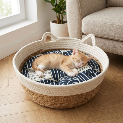Panier chaton en rotin tissé avec coussin bleu à motifs blancs et petit chat roux endormi