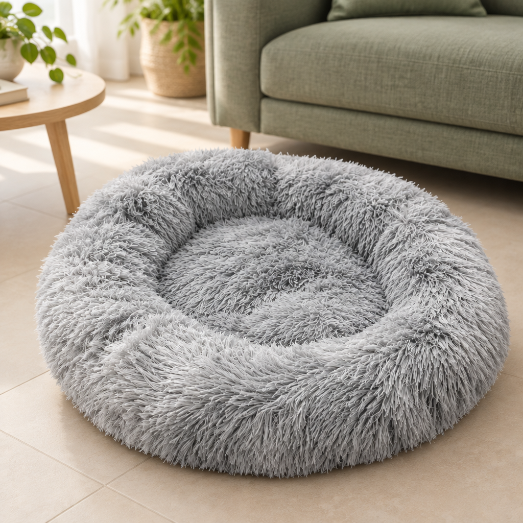 Panier pour chat moelleux gris vide dans un salon.