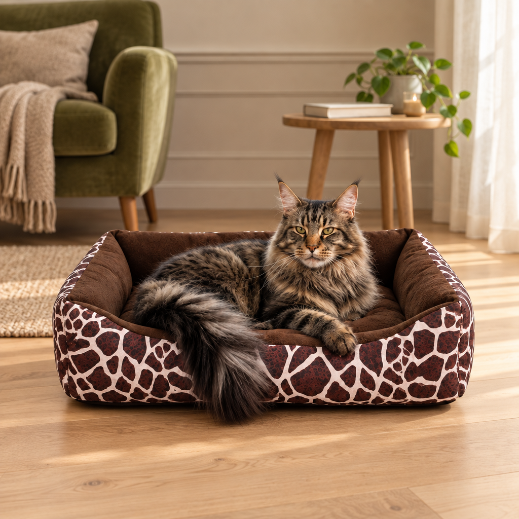 Panier original pour chat au motif girafe avec un Maine Coon