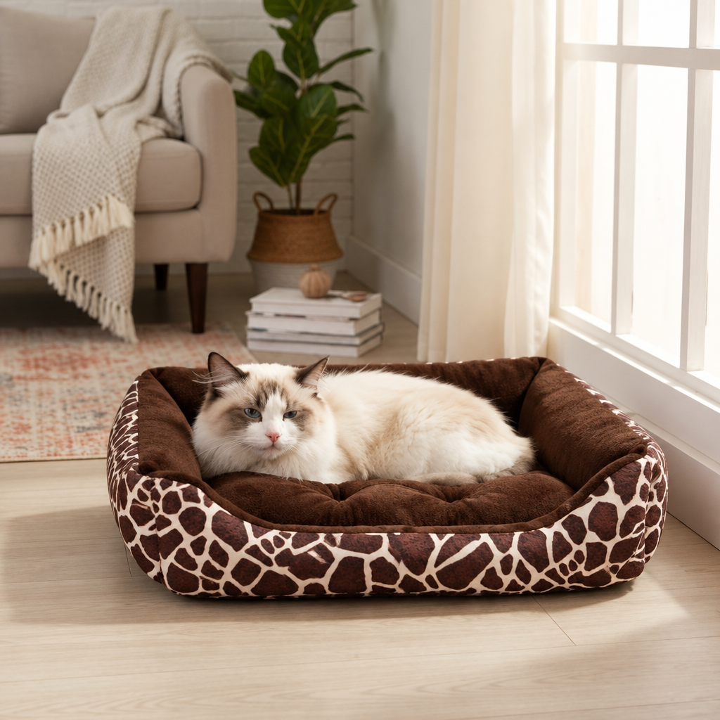 Panier original pour chat au motif girafe avec un chat blanc près d’une fenêtre