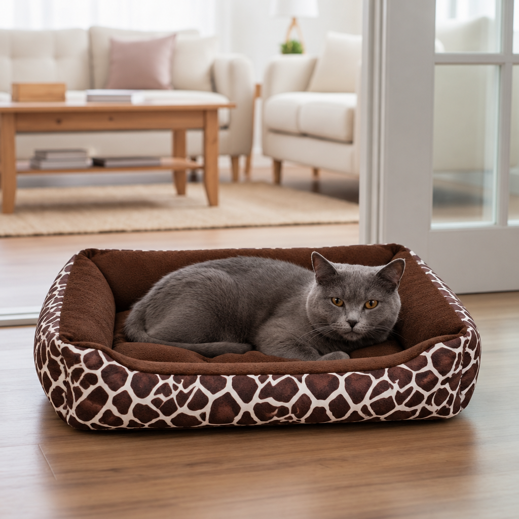 Panier original pour chat au motif girafe avec un chat gris allongé