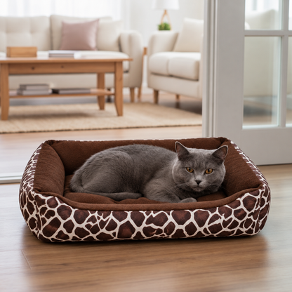 Panier original pour chat au motif girafe avec un chat gris allongé
