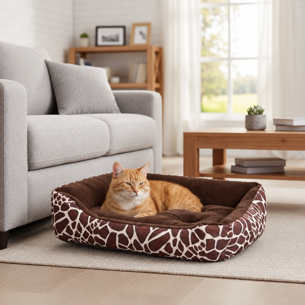 Panier original pour chat au motif girafe avec un chat roux dans un salon