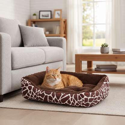 Panier original pour chat au motif girafe avec un chat roux dans un salon