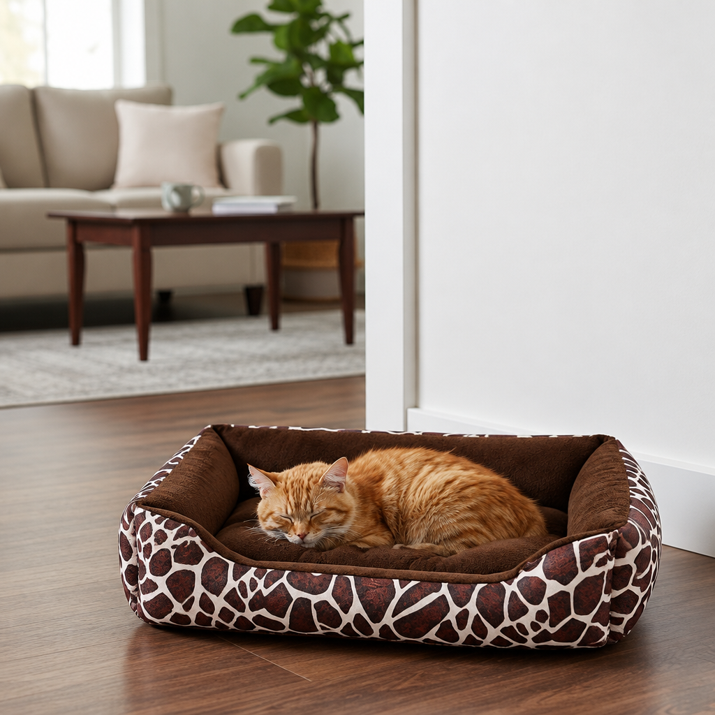 Panier original pour chat au motif girafe avec un chat roux endormi