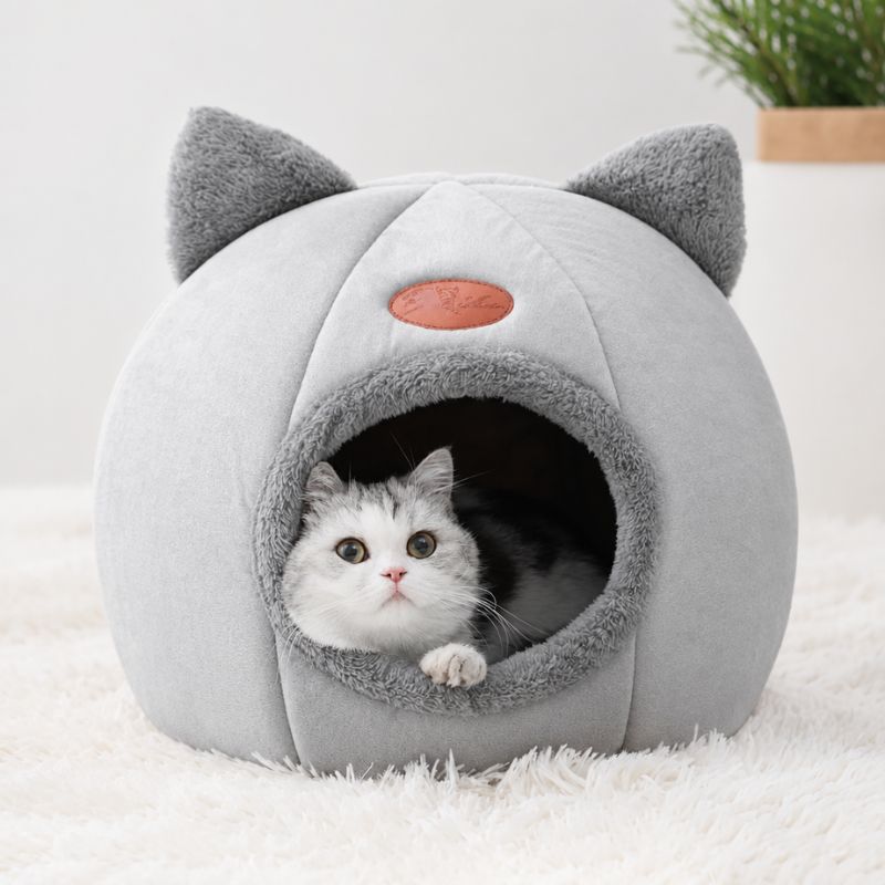 Panier pour chat grotte gris avec un chat regardant l’objectif.