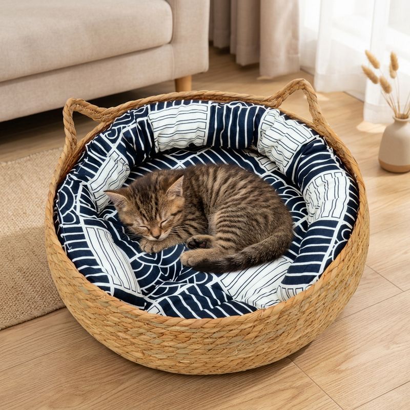 Panier chatons en osier avec coussin bleu à motifs blancs et petit chat tigré blotti à l’intérieur