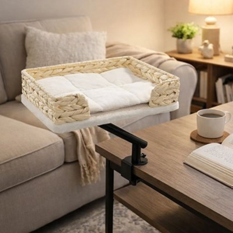 Panier suspendu chat en osier vide avec coussin blanc.