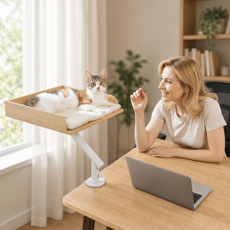 Panier suspendu pour chat en bois fixé à un bureau