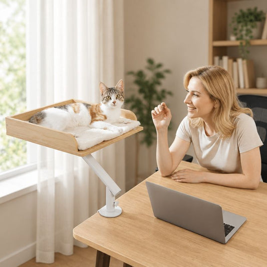 Panier suspendu pour chat en bois fixé à un bureau
