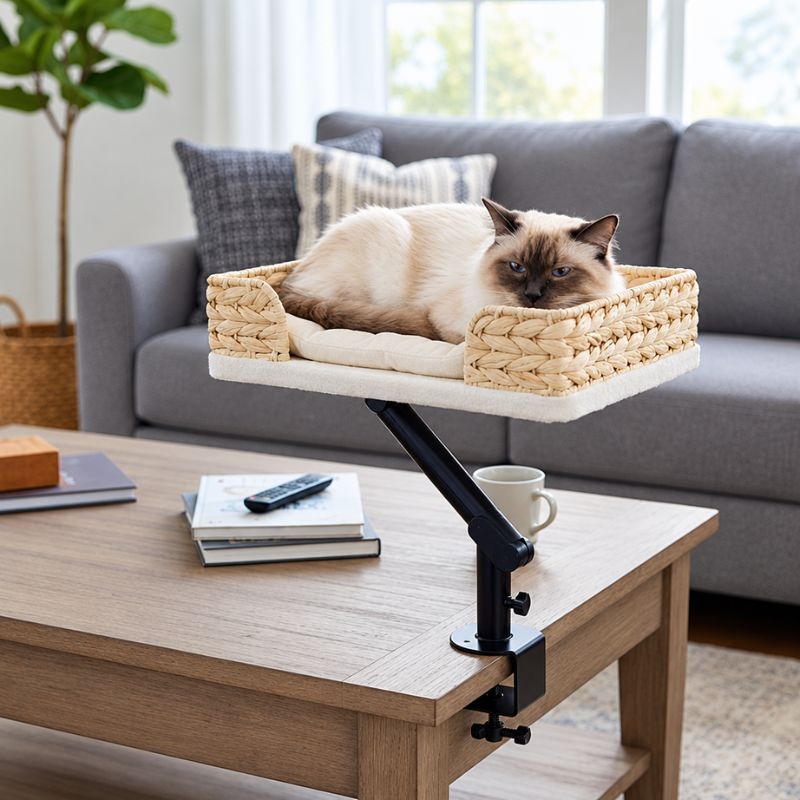 Panier suspendu chat en osier avec un chat blanc et gris dans un salon.