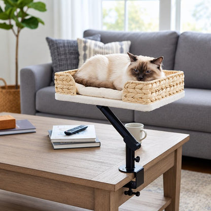 Panier suspendu chat en osier avec un chat blanc et gris dans un salon.