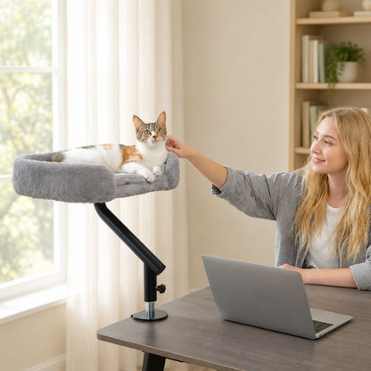 Panier suspendu pour chat gris avec une femme caressant le chat.