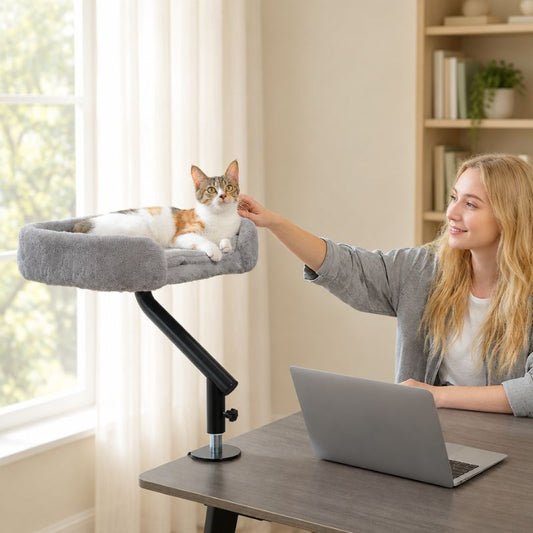 Panier suspendu pour chat gris avec une femme caressant le chat.
