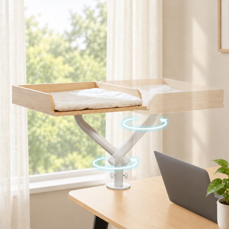 Panier suspendu pour chat en bois avec support rotatif.