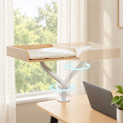 Panier suspendu pour chat en bois avec support rotatif.