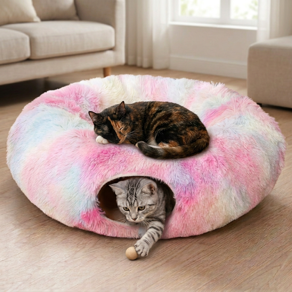 Panier chat tunnel multicolore avec une chatte en boule au centre et un chat tigré jouant à l’entrée.